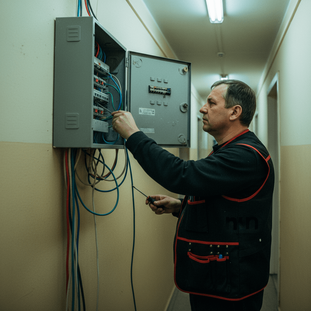Elektriker mit isolierten Handschuhen kontrolliert eine geöffnete Unterverteilung im Treppenhaus, daneben liegt ein Spannungsprüfer