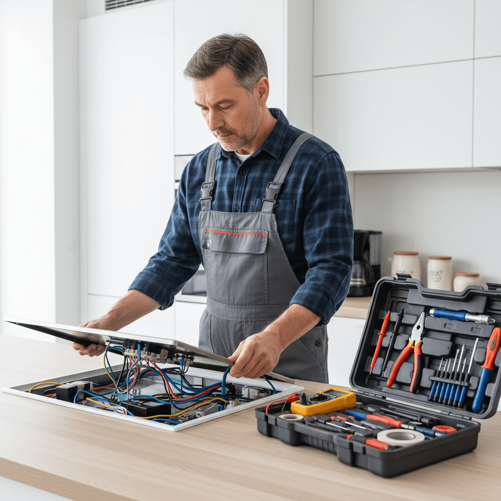 Elektriker befestigt Adern in den Anschlussklemmen eines Kochfelds, Schraubendreher und Aderendhülsen sind sichtbar
