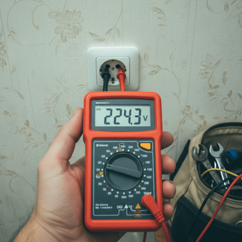 Nahaufnahme eines digitalen Multimeters, das an einer Klemme misst, das Display zeigt Spannungswerte