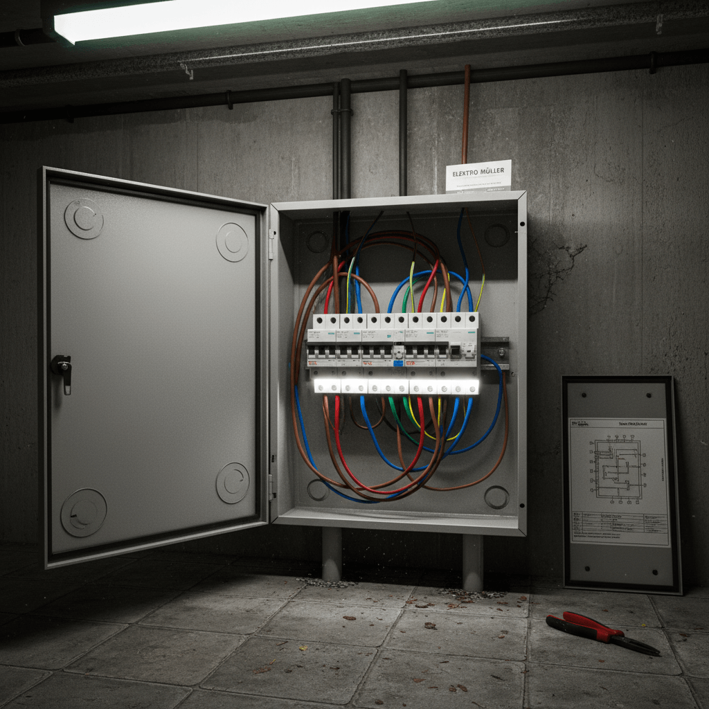 Innenansicht eines modernen Verteilers mit beschrifteten Sicherungsautomaten und einem neuen FI-Schalter, Kabel sauber geführt