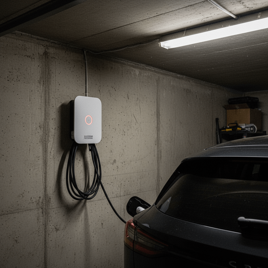 Elektroauto steht in einer Garage und lädt an einer Wallbox, das Ladekabel ist ordentlich aufgehängt